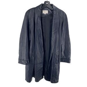 Romano Women’s Shawl Collar Open Front Leather Trench Coat Navy Blue Small